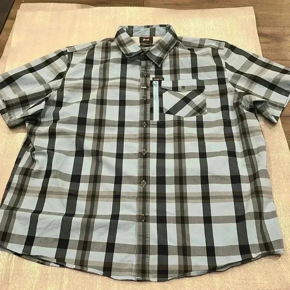 ❤️2/$30❤️[2XL]Wrangler Regular  Fit Outdoor S/S Blue/Gray Plaid Button Up Shirt
